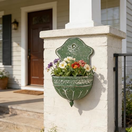 Vintage Rustic Wall Planter Distressed Decor Iron Hanging Plant Basket Shabby Metal Wall Mounted Flower Holder Pot Stand for Indoor Outdoor Home Balcony Patio Farmhouse Garden Decorative Green - Image 2