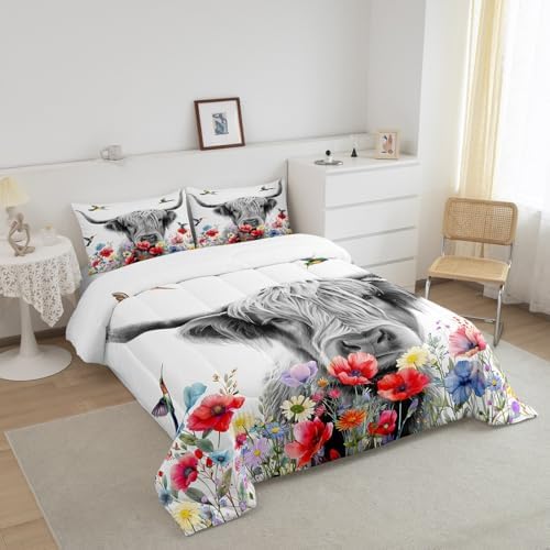 Highland Cow Comforter Set King, Red Poppy Floral Bedding Set for Teens Boys Girls Adult, Hummingbird Western Funny Animals Quilt Set Cattle Bull Cattle Wild Animals Farmhouse Down Comforter - Image 2