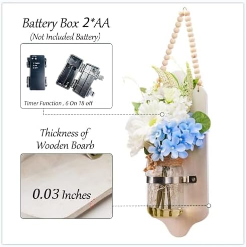 2 pcs Lighted Mason Jar Wall Decor with Artificial Flowers, Wooden Welcome Sign, Battery Operated, 50 LED Lights, Rustic Farmhouse Style Christmas Festival - Image 4