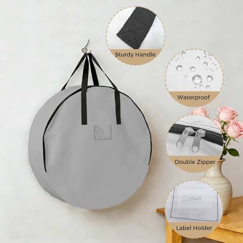 36 Inch Round Storage Bag 2 Pack,Grey Solid Color Waterproof Wreath Storage Container with Handles&Zipper Minimalist Art Closet Organizer Bags Garland Box - Image 5