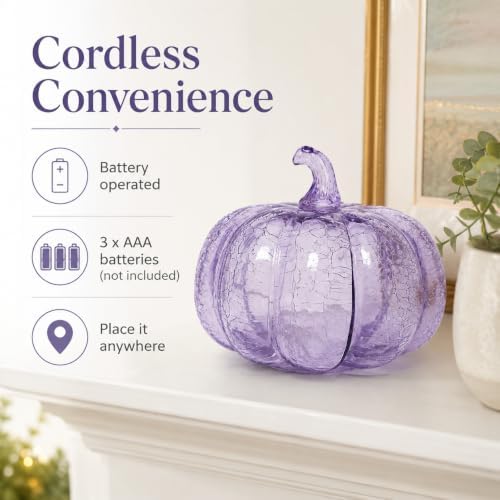 Lavender Crackle Glass Pumpkin Light, 5.5 Inch Battery Operated LED Pumpkin Decor with 6H Timer, Twinkle & Steady Glow, Fall Halloween Thanksgiving Christmas Table Decoration - Image 6