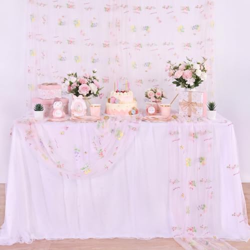 Pink Floral Gauze Table Runner 3pcs 10ft Embroidery Tulle Spring Decor - Image 4