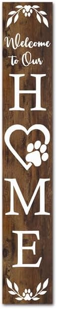 FemiaD Welcome To Our Home Sign For Front Porch Standing 8x48inch Wooden Dog Paw Welcome Sign Large Farmhouse Rustic Outdoor Tall Vertical Porch Sign for Home Front Door Wall Decor by Unknown