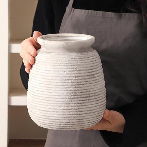 Ceramic Flower Vase, Rustic Farmhouse Decorative Vase Pottery Wide-Mouth Vases for Home Decor Table Entryway Mantel Bookshelf Living Room Bedroom Bathroom Kitchen - 7.48" D - Image 3