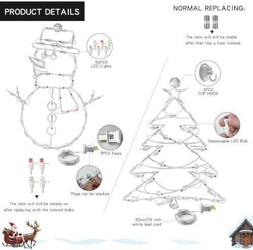Christmas Window Silhouette LED Lights Decorations, Pack of 2 Sign Lighted Snow Man and Christmas Tree for Holiday Indoor Wall Door Glass Decor - Image 4