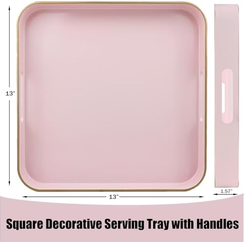 Pink Square Decorative Tray with Handles, 13"*13" Versatile Serving Tray for Coffee Table, Ottoman, Ideal for Serving, Displaying, Organizing - Image 3