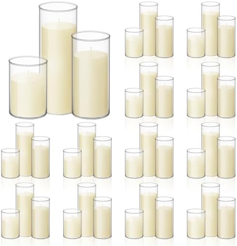 72 Pcs Pillar Candles and Glass, 3.4'' X 4.7", 7", 9.8", Ivory White by Shihanee