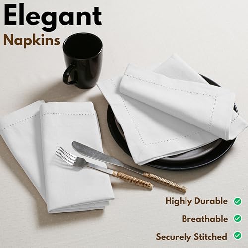 Native Fab Set of 12 Cotton Cloth Napkins, 18 x 18 inch, Hemstitched Edges with Mitered Corners, Soft, Absorbent, Reusable Table Linen Napkins for Wedding, Events, Lunch, Dinner, Parties - White - Image 2