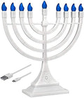 Zion Judaica White Electronic Hanukkah Menorah with Blue LED Flame Shaped Bulbs - Batteries or USB Powered - 4' Cable Included Chanukah Battery Menurah by ZionJudaicaLtd