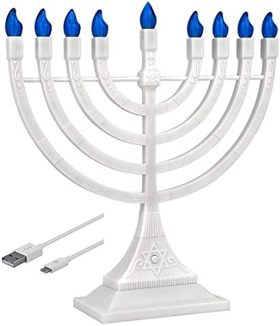 Zion Judaica White Electronic Hanukkah Menorah with Blue LED Flame Shaped Bulbs - Batteries or USB Powered - 4' Cable Included Chanukah Battery Menurah by ZionJudaicaLtd