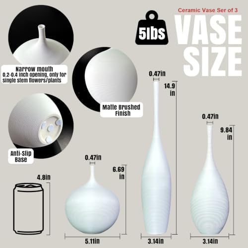 White Ceramic Vase Set of 3, Modern Boho Vases for Centerpiece Decor, Matte Minimalist Decorative White Vases Home Decor, for Living Room, Bookshelf, and Entryway Table Decor - Image 2