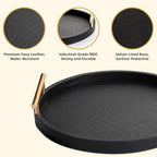 Decorative Serving Trays, Set of 2 Wood Modern Crocodile Leather Round Tray with Polished Metal Handles, Decorative Trays Coffee Table Tray Ottoman Platter for Home Decor (Black) - Image 3