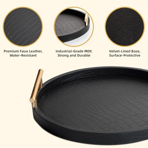 Decorative Serving Trays, Set of 2 Wood Modern Crocodile Leather Round Tray with Polished Metal Handles, Decorative Trays Coffee Table Tray Ottoman Platter for Home Decor (Black) - Image 3