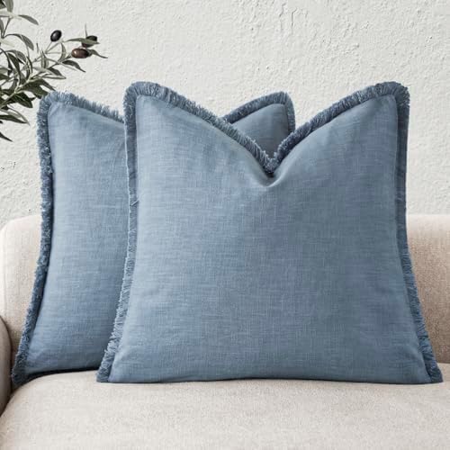Foindtower Decorative Linen Fringe Throw Pillow Covers 24×24 Misty Blue by Foindtower