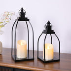 Decorative Candle Lanterns Set of 2, Black Metal for Indoor & Outdoor by DARJEN