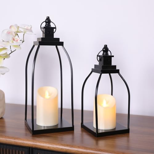 Decorative Candle Lanterns Set of 2, Black Metal for Indoor & Outdoor by DARJEN
