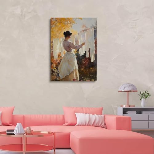 Laundry Room Wall Decor,Woman Doing Laundry PrintLaundry Clothesline Print,Laundry Day Painting,Farmhouse Laundry Wall Art,Vintage Fall Autumn Antique Rustic Farmhouse Decor24x36inch Unframed - Image 5