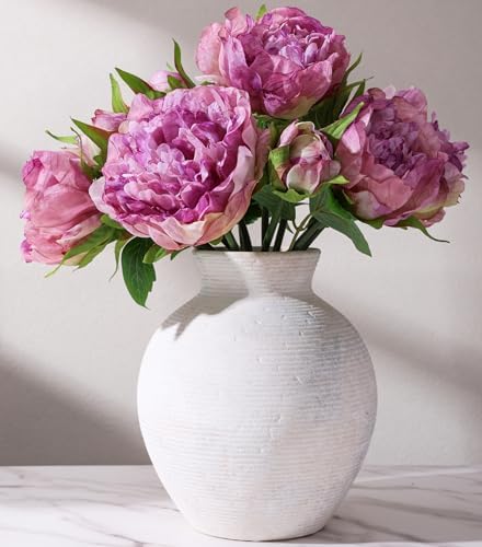 Ceramic Flower Vase Home Decor, 7.4 in Farmhouse Table Vases Rustic Vintage Living Room Kitchen Bedroom Decoration Pottery Decorative Vases for Flowers House Shelf Office Desk Dining Entryway, White by FancyPlus