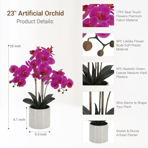 Fake Orchid Plant 23" Tall, Realistic Touch Leaves, Potted Phalaenopsis Artificial Plants Indoor for Home Decor Small Office Home Living Room-Dark Pink - Image 2