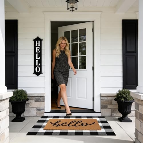 2 Pcs Welcome Door Mat Set, Layered Hello Coir Doormat with Black and White Buffalo Plaid Mat, Front Door Mats with Non-Slip TPR Backing, Farmhouse Modern Door Decor for Porch, Entryway, Patio - Image 3