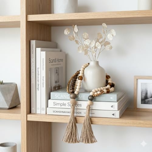 Laju Handmade Mah - 35" Wood Bead Garland - Home Jewelry with Natural Sisal Tassels & Amber Spheres - Large Boho Coffee Table Styling String - Image 2