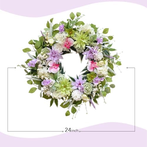 24 Inch Spring Wreath for Front Door, Artificial Spring Summer Floral Wreath with Dahlia Hydrangea Orchid for Home Wall Wedding Festival Indoor Outdoor Decor - Image 4