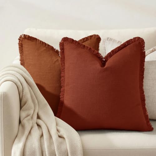 decorUhome Linen Fringe Rust Throw Pillow Covers 22x22 Set of 2 - Image 2