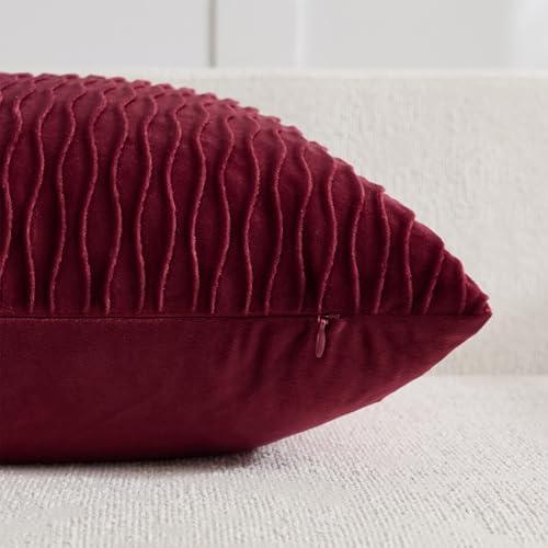 DEZENE Burgundy Throw Pillow Covers: Pack of 2 24x24 Inch Vertical Ripple Striped Velvet Square Decorative Pillow Cases for Farmhouse Couch Sofa Bed Living Room Home Decor - Image 3
