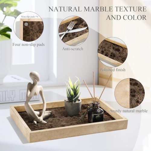 YMXYJM Real Natural Marble Tray for Bathroom, Genuine Marble Stone Vanity Tray, Luxury Storage Trays for Kitchen, Vanity, Home Decor, Dresser, Non-Resin/Non-Ceramic, 12"x 8"x 1.2", Beige & Brown - Image 6