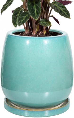 10.3 Inch Ceramic Glaze Plant Pot with Saucer, Flower Pots with Drainage Hole Mesh Net (Spot Green) by Unknown