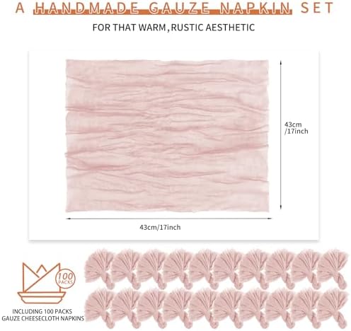 100 Pieces Cloth Napkins Pink Dinner Cheesecloth Napkins for Wedding,Wrinkled Cloth Napkins Bulk for Home Party Rustic Table Decoration, 17 x 17 Inch - Image 2