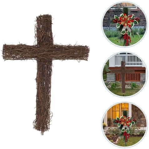 EXCEART Easter Rattan Cross Wreath, 3pcs Cross Shaped Grapevine Wreath Religious Form Base Twig Swag Frame Garland Ring for Church Front Door Wedding 16.9in - Image 2