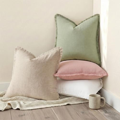 decorUhome Linen Fringe Natural Beige Throw Pillow Covers 18x18 Set of 2 - Image 5