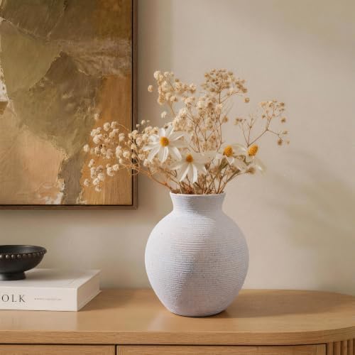 Ceramic Flower Vase Home Decor, 6 in Farmhouse Table White Vases Rustic Vintage Living Room Kitchen Bedroom Decorations Pottery Decorative Vases for House Shelf Office Coffee Desk Dining Fireplace - Image 2