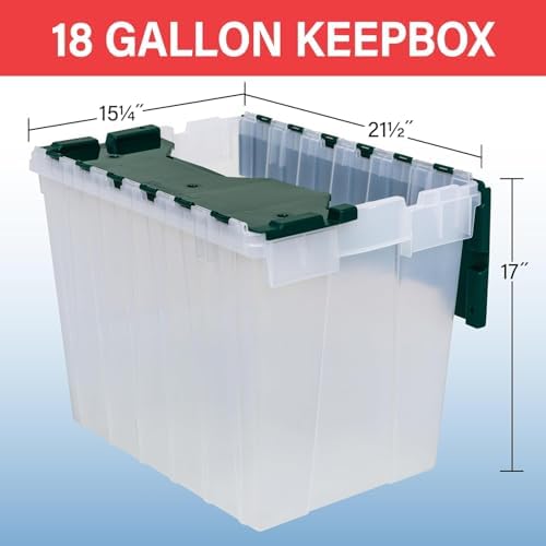 Akro-Mils KeepBox 18 Gal Storage Box, Lid Attached, Stackable, Clear/Green - Image 2