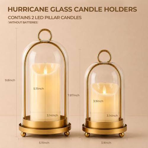 Hurricane Glass Candle Holders, 5"&4" Gold Candle lantern Holders (Include Led Pillar Candles) Hurricane Candle Holder for Adding Vintage Elegance to Home Decor Dining Tables Mantels - Image 2