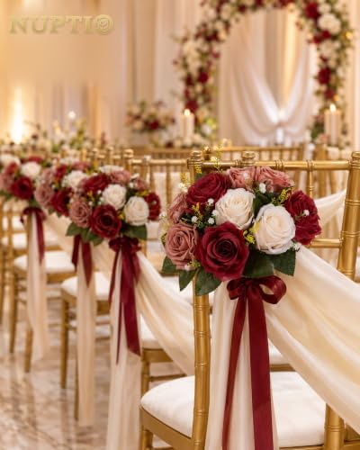Nuptio Artificial Flower Centrepieces for Tables - 6 Pcs Burgundy & Dusty Rose & Creamy White Fake Flowers Roses Balls 9.5in Diam - Silk Faux Rose Arrangement for Wedding Party Centerpiece Table Decor - Image 3