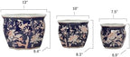 Galt International Blue & Pink Round Fluted Floral Porcelain Ceramic Plant Flower Planter Pot Set of 3 (7.5", 10", 13") Garden Pots Chinese Asian Design - Image 2