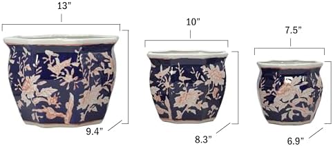 Galt International Blue & Pink Round Fluted Floral Porcelain Ceramic Plant Flower Planter Pot Set of 3 (7.5", 10", 13") Garden Pots Chinese Asian Design - Image 2