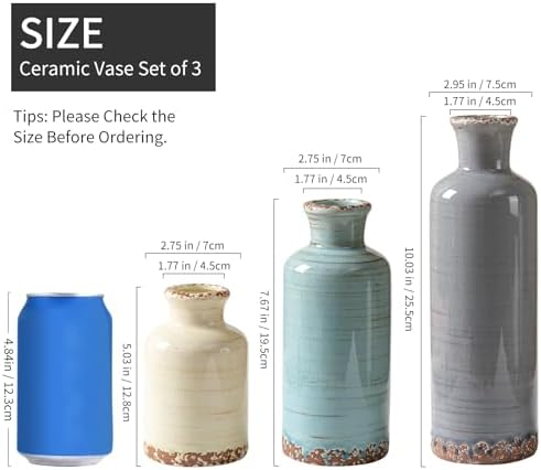 Ceramic Vases Set of 3, Modern Rustic Decorative Flower Vases for Farmhouse Home Decor, Table Shelf Mantel, Living Room, Entryway, Kitchen Centerpiece – Modern Rustic - Image 3