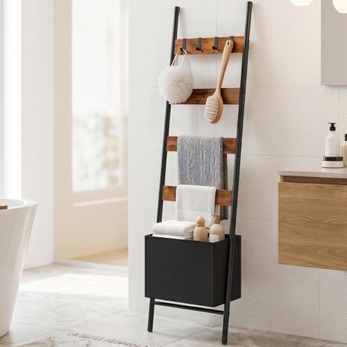 HOOBRO Blanket Ladder with Basket, 17.3" L x 74" H, Towel Rack with Hooks, Blanket Holder Rack, Decorative Ladder Shelf, Drying and Display Rack for Bathroom, Living Room, Rustic Brown BF111CJ01 - Image 4