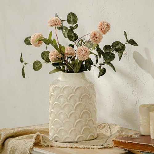 Ceramic Flower Vase, 7.28” Rustic Farmhouse Decorative Vase for Home Decor, Beige Textured Pottery Vase for Pampas Grass, Living Room, Entryway, Mantel, Kitchen Table, Centerpiece - Image 2