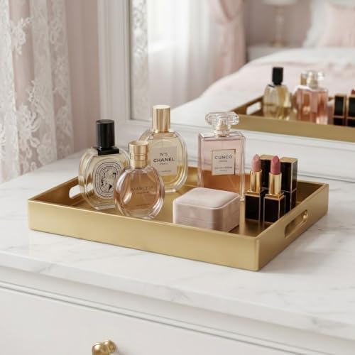 Gold Decorative Serving Tray Set with Handles, Large 15.7" & Medium 13.8", Modern Plastic Design for Coffee Table, Ottoman and Home Decor (2 Pcs) - Image 6