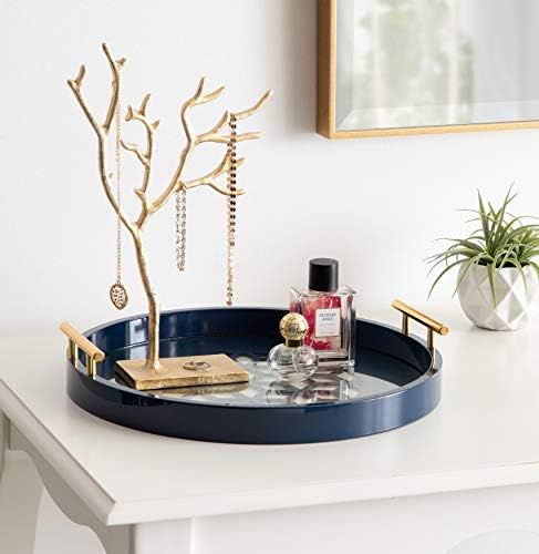 Kate and Laurel Caspen Round Cut Out Pattern Decorative Tray with Gold Metal Handles, 15.5", Navy and Gold - Image 4