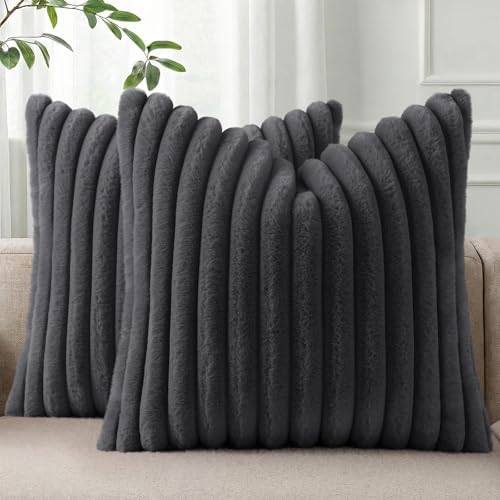 Pallene Faux Fur Decorative Throw Pillow Covers 26x26 Set of 2, Dark Grey by PALLENE