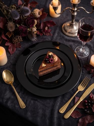 FLOWERCAT 60PCS Black Plastic Plates - Heavy Duty Black Disposable Plates for 30 guests Birthday Party/Wedding/Halloween- Include 30PCS 10.25inch Dinner Plates and 30PCS 7.5inch Dessert Plates - Image 2