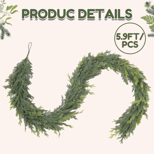5.9FT Christmas Norfolk Garland, Realistic Faux Pine Garlands, Green Artificial Greenery Garland for Winter Home, Mantle, Fireplace, Indoor, Outdoor Christmas Decorations (1Pcs) - Image 2