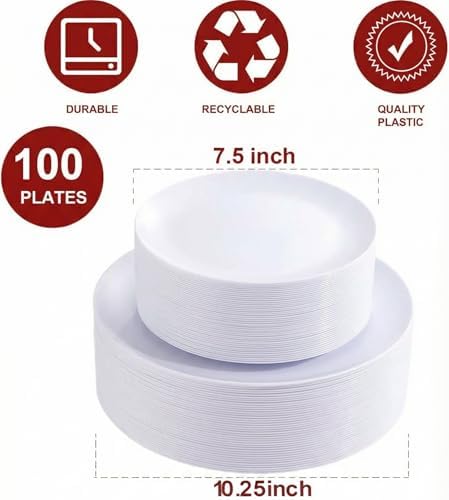 PULOTE 100PCS White Plastic Plates Disposable - Heavyweight 50 White Dinner & 50 Dessert/Salad Plates for Wedding, Party - Image 2