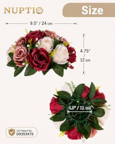 Nuptio Artificial Flower Centrepieces for Tables - 6 Pcs Burgundy & Dusty Rose & Creamy White Fake Flowers Roses Balls 9.5in Diam - Silk Faux Rose Arrangement for Wedding Party Centerpiece Table Decor - Image 5