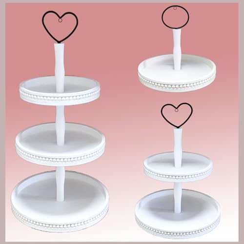 3 Tiered Tray Wooden Serving Stand Small Beaded Tray for Home Decor Display Farmhouse Country Decoration Kitchen or Dining. White - Image 2